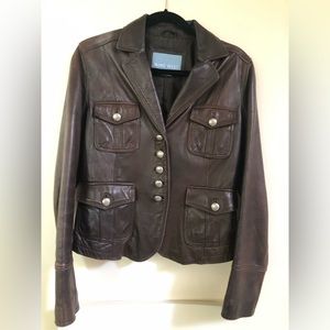 Vintage Nine West Women’s Brown Leather Jacket Pewter Buttons Pockets Size Small
